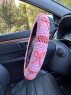 Handmade Crochet Pink Bow Car Steering Wheel Covers Universal 14-15 inch,Cute Steering Wheel Cover,Car Accessories (A,Steering Wheel Cover)