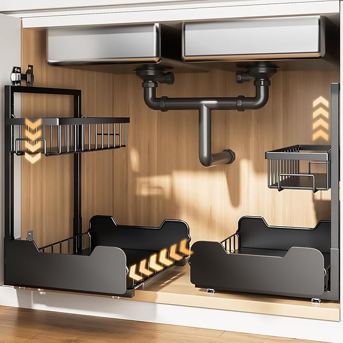 Under Sink Organizer, 2-Tier L-Shaped Pull Out Cabinet Shelf with 2 Installation Methods, Adjustable Sliding Storage Drawer f