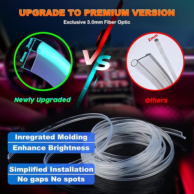 Car LED Strip Lights, USB Interior Ambient Lighting Kits with Wireless APP and RF Remote Control, 16 Million Colors Music Mode Car Decoration Lights with 315 inches 3.0mm Fiber Optic (6 in 1)