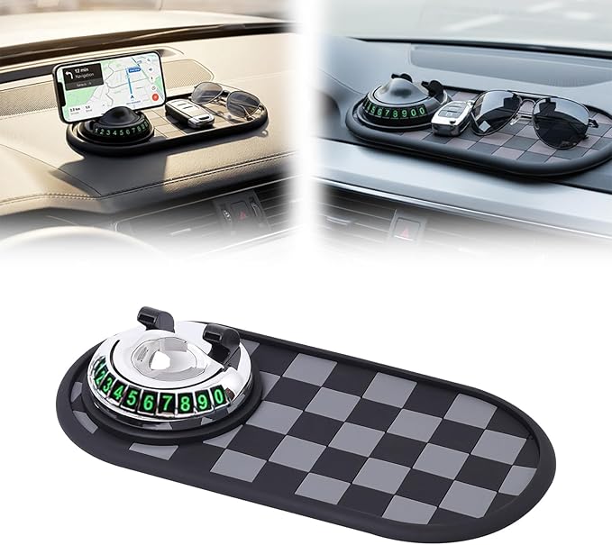 Multifunctional Car Anti-Slip Mat with 360° Rotating Phone Holder & Temporary Parking Number, Anti Slip Mat for Car Dashboard