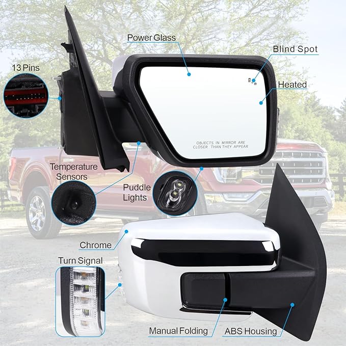 Right Passenger Side Door Mirror Compatible With 2021-2026 Ford F150 With Manual Folding Heated Blind Spot Turn Signal Light Puddle Light Temperature Sensors Chrome Replace#ML3Z17682SA(13Pins)