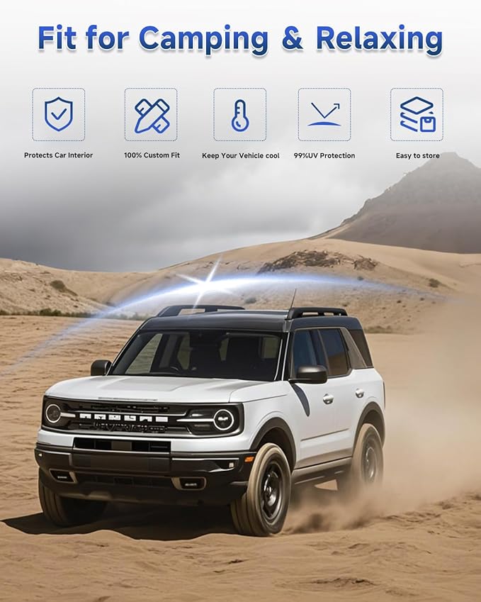 8PCS Window Shades for Ford Bronco(2021-2025) Accessories – Full Coverage Sun Shade for Side Windows, Rear Triangular & Windshield – UV Protection & Privacy for Camping, Napping, Relaxing