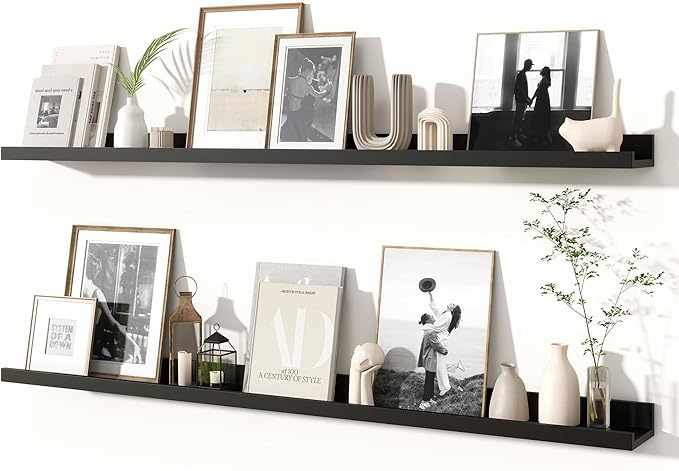 Fun Memories Picture Ledge Shelves Set of 2, 48 Inch Rustic Wall Mounted Floating Shelves with Lip for Home Storage and Décor