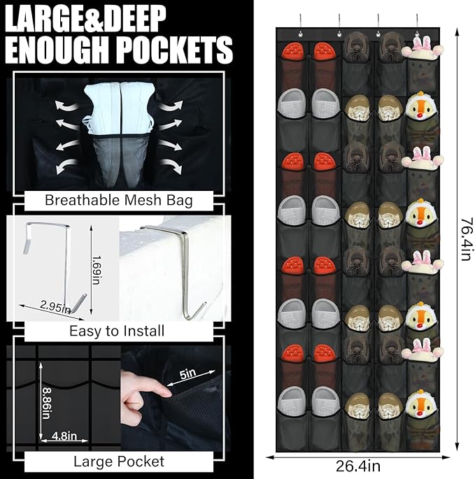Windyun 40 Over the Door Shoe Organizer Large Breathable Mesh Pockets Hanging Shoe Rack for Closet Black Behind Door Hanger S