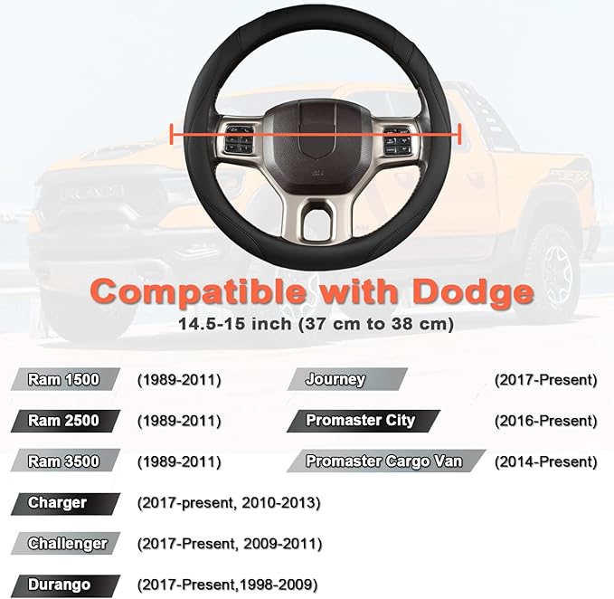 West Llama Customized Auto Car Steering Wheel Cover for Dodge 1989-2011 RAM 1500 2500 3500, Charger, Durango, Challenger (Bla