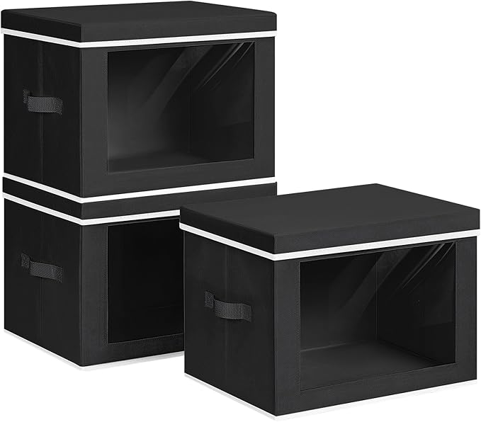 Homsorout Large Storage Baskets Bins with Lids - Stackable Cube Bins for Closet, 3 Pack Black Windows Organizer Bins, Home Or