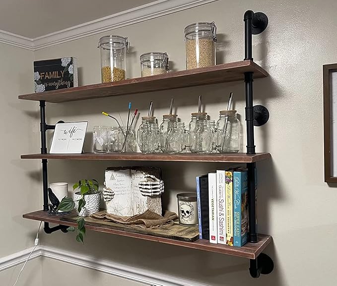 Floating Shelves,Wall Mounted Rustic Wood Shelf,Pipe Shelves,Industrial Pipe Shelving with Real Wood Planks 48 inch Industria