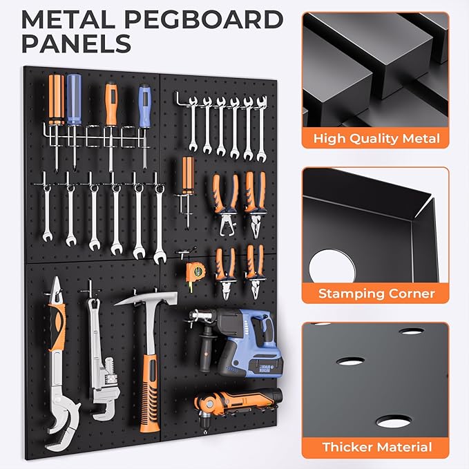 INCLY 70PCS Pegboard Wall Organizer, 4PCS Metal Peg Board Panels with 66PCS 1/4" Pegboard Hooks Accessories Kit, Black Peg Bo