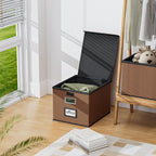 Huolewa Faux Leather File Organizer Box with Lid, Collapsible Hanging File Folder Box Organizer with Plastic Slides, Decorati