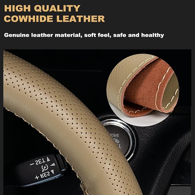 AUTOXBERT 38cm/15 Inch Genuine Leather DIY Steering Wheel Cover Soft Hand Sewing On Wrap Cover with Needles Thread fit for VW