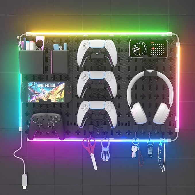 KDD 9 in 1 RGB Gaming Wall Organizer Peg Board - DIY Pegboard Combination Kit with Phone Stand/Pen Holder/Storage Box/Headset