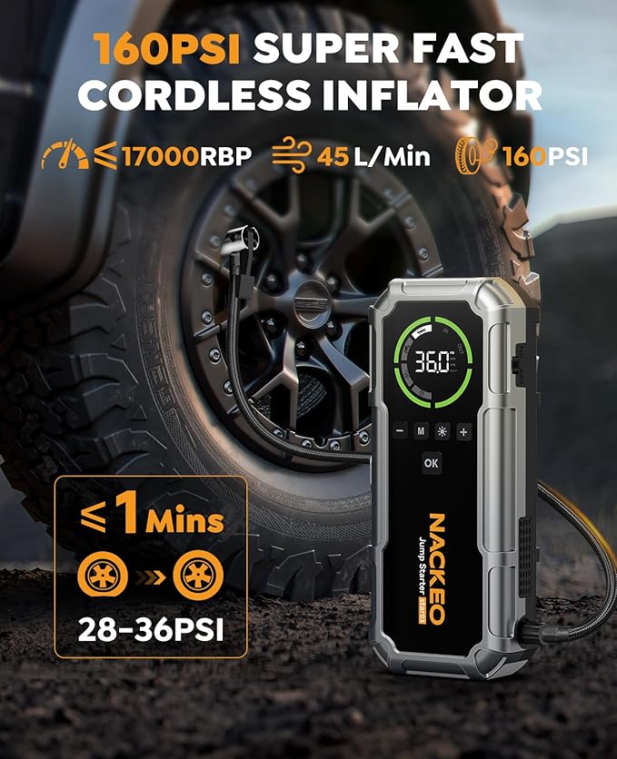 Car Battery Jump Starter with Air Compressor 8000A 160PSI, Car Jumper Starter Portable (All Gas/10L Diesel), Jump Starter