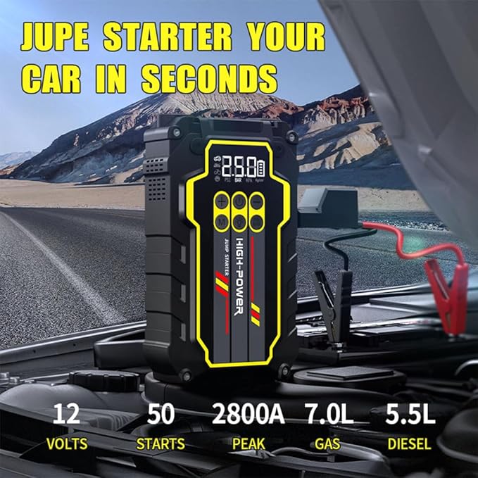 Jump Starter 4000A 12V Car Battery Booster Pack (Up to 7.0L Gas, 5.5L Diesel), Portable Power Bank with Air Compressor,