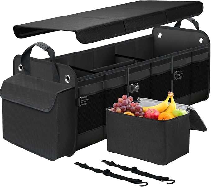 Large Trunk Organizer for Car, SUV, Truck with Removable Cooler Bag-Collapsible Multi Compartments w/Foldable Cover, Non Slip