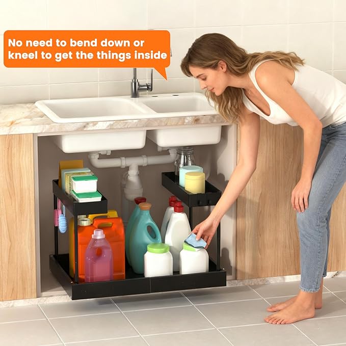 Expandable Under Sink Organizers and Storage,Width Adjustable (14.9-23.6IN),No Drill 2-Tier Pull Out Under Cabinet Organizer 