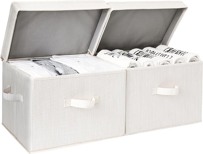 StorageWorks Fabric Storage Bins with Lid, Decorative Storage Boxes for Shelves, Stackable Closet Organizer Basket with Handl