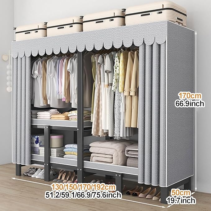 Foldable Portable Wardrobe Closet with Cover, Clothes Storage Closet, Clothing Racks for Hanging, Metal Organizer Rack Shelf 