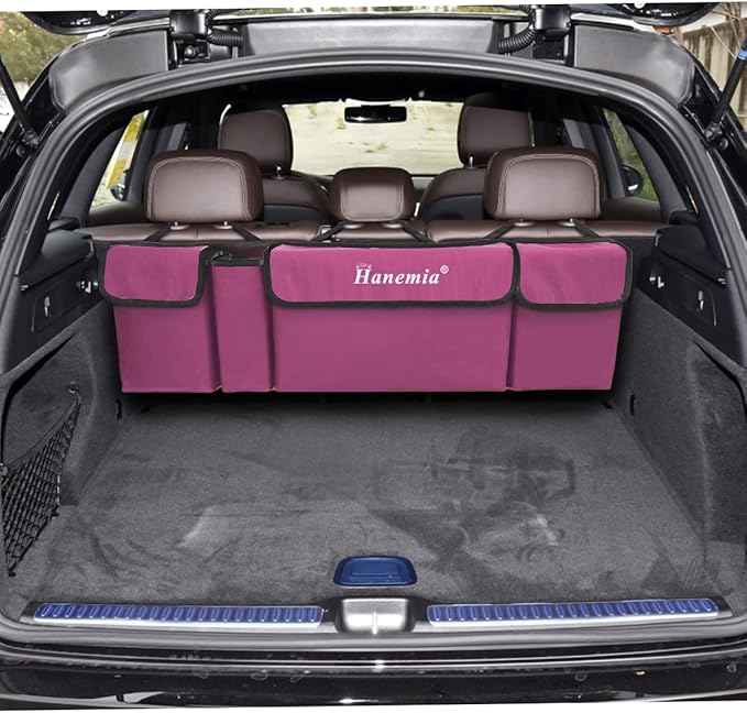 Hanemia Car Trunk Organizer, Backseat Hanging Storage with 4 Large Pockets, Collapsible Cargo Bag with Adjustable Straps