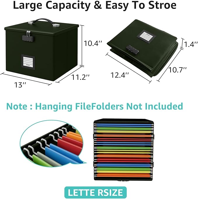 Army Green Fire Proof File Box for Documents - Portable Fireproof Document Organizer Box with Handle Waterproof Safe Locking 