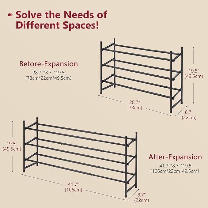 Tajsoon Expandable Shoe Rack for Closet 3 Tier, 28“-41“Adjustable & Stackable Shoe Shelf Storage, Metal Shoe Rack Organizer f