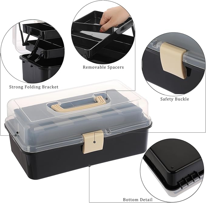 BTSKY 3-Layer Plastic Dividing Storage Box Craft Organizer with Adjustable Spacers Portable Handled Art Supply Organizer Mult