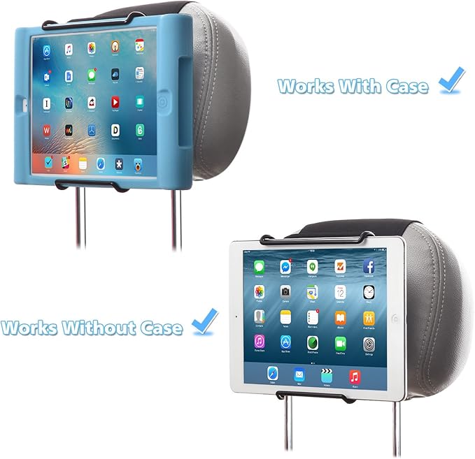 Universal Car Headrest Mount Holder with Angle-Adjustable Clamp - for Use with iPads, Galaxy Tablets and More