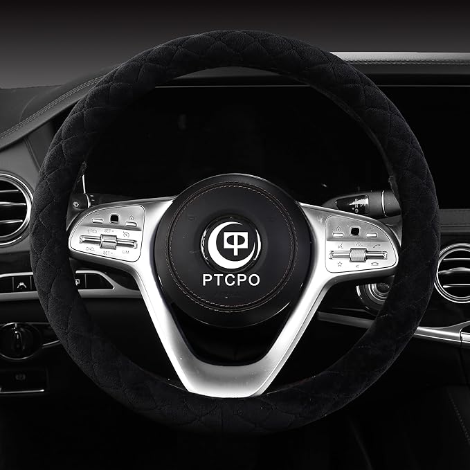Soft Car Steering Wheel Cover for Sedan, SUV, Warm Luxury Velvet, Odorless, Universal, Anti Slip, Summer Winter, Black, Large