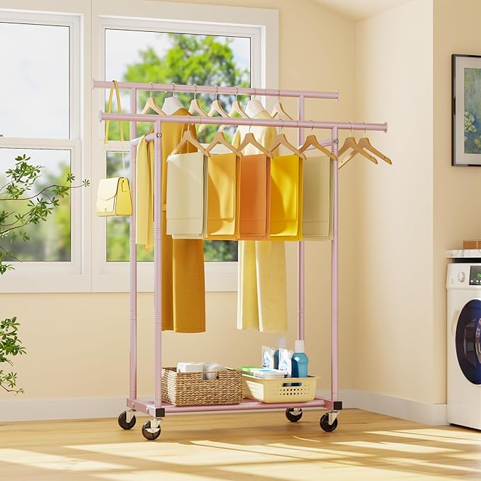 HYSEYY Double Rods Clothes Rack, Sturdy Rolling Clothing Rack, Portable Clothing Racks for Hanging Clothes - Metal Garment Ra
