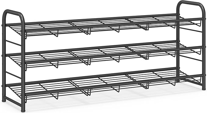 SONGMICS Stackable Shoe Rack, 3 Tier Metal Shoes Rack Storage Shelf, Holds up to 15 Pairs, Adjustable Slanted Shelves Tower O