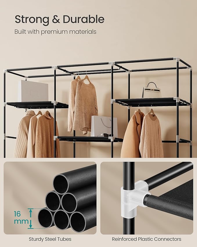 SONGMICS Portable Closet, Fabric Wardrobe, Clothes Rack with Shelves, Pockets, Large Capacity, 4 Hanging Rods, 74.4 x 17.7 x 
