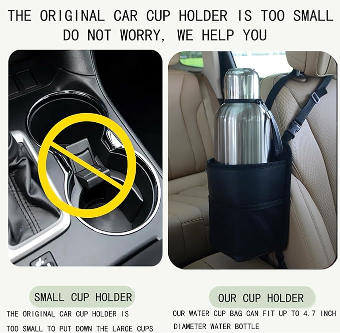 Large Car Cup Holder Expander, Fits Large 24/36/40/46oz Water Bottles, Big Drinks Holder Bag- Universal Auto Vehicle for Cars
