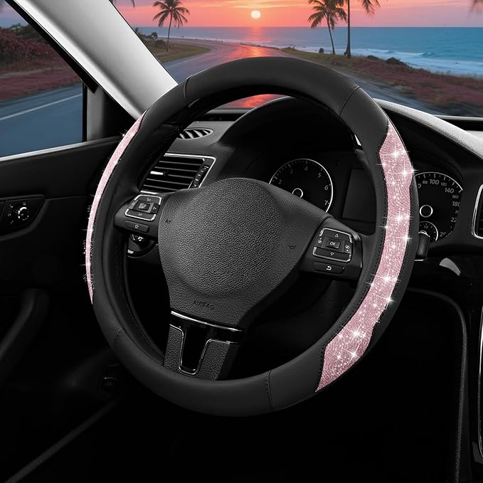 PIC AUTO Steering Wheel Cover, Pink Sparkly Crystal Bling Glitter with Leather, Universal Fit 14.5"-15.5" Car Steering Wheels