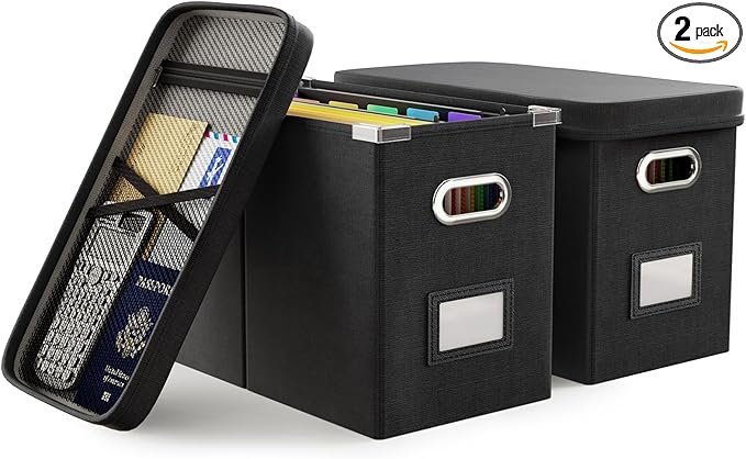 Oterri File Organizer Box with Lid, Hanging Filing File Box with Mesh Pocket, Document Organizer Box for Letter Files, Portab