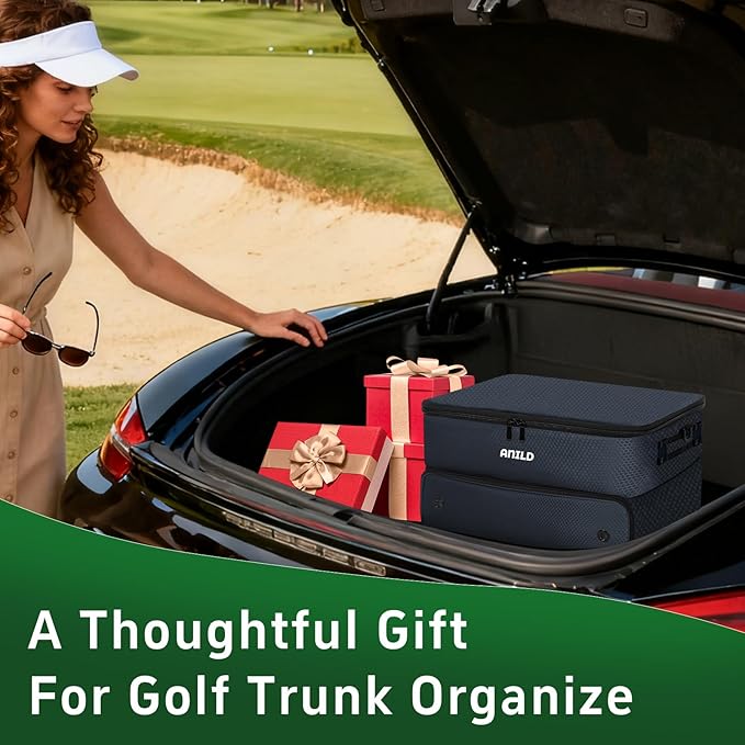 ANILD Golf Trunk Organizer, 2 Layer Golf Storage Case with Separate Ventilated Compartment for 2 Pair Shoes, for Balls, Tees,