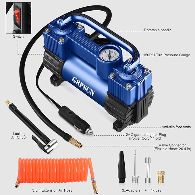 GSPSCN 6X Faster Inflation Tire Inflator Heavy Duty Double Cylinders with Portable Bag- Car Accessories，Metal 12V Air Compressor Pump 150PSI with Adapter for Car, Truck, SUV Tires, Dinghy, Air Bed