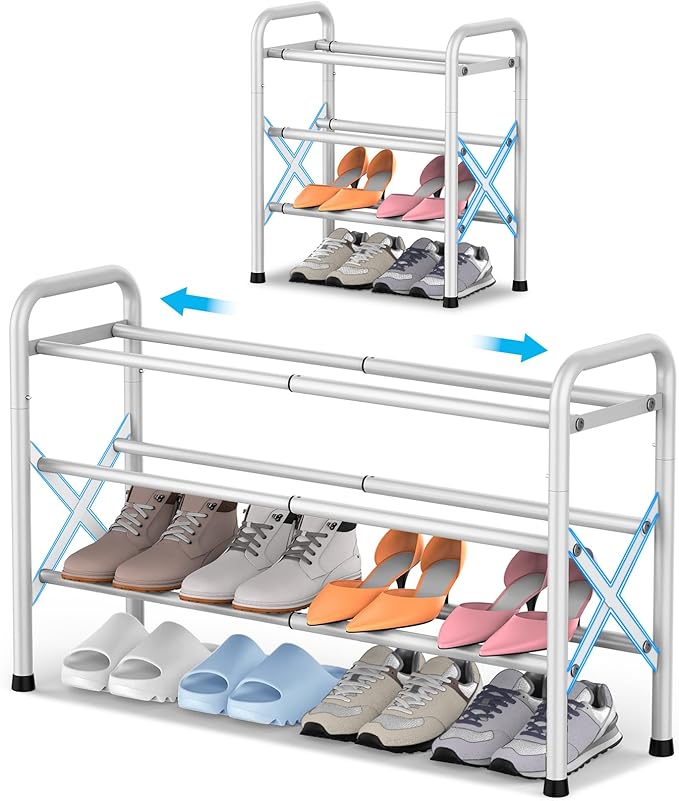 YEASHEIN 3-Tier Expandable Shoe Rack for Closet Floor, X-Frame Metal Small Shoe Rack for Entryway, Adjustable Shoe Shelf Orga