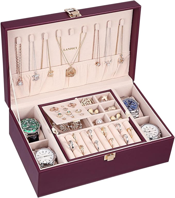 LANDICI Jewelry Box Organizer for Women, 2 Layer 4 Slot Watch Storage Case with Removable Tray, PU Leather Large Jewellery Ho