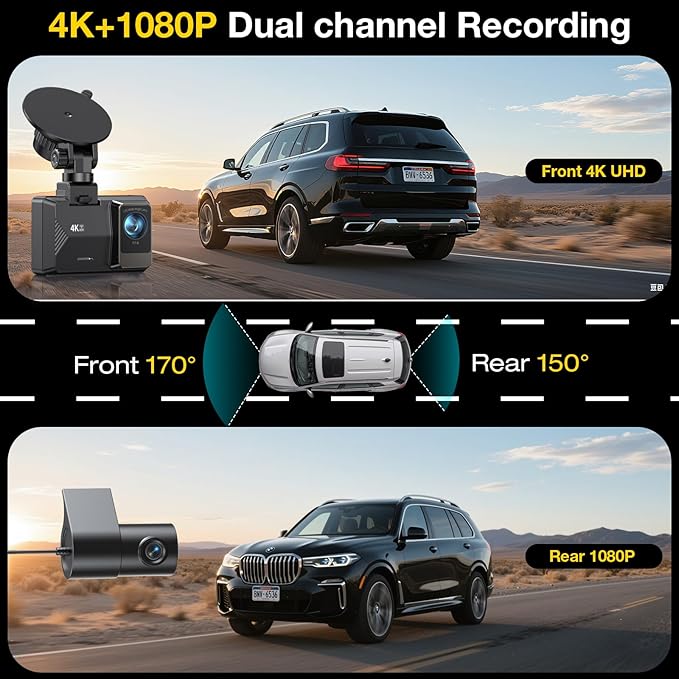 4K Dash Cam Front Rear, Dual Channel Dash Cams with 64GB Card 4K+1080P, Dash Camera for Cars with 5G WiFi, APP Control,2.0" I