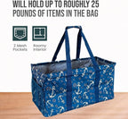 Extra Large Utility Tote Bag - Oversized Collapsible Reusable Wire Frame Rectangular Canvas Basket With Two Exterior Pockets For Beach, Pool, Laundry, Car Trunk, Storage - Anchor