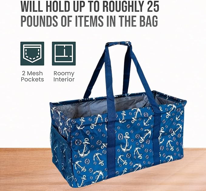 Extra Large Utility Tote Bag - Oversized Collapsible Reusable Wire Frame Rectangular Canvas Basket With Two Exterior Pockets For Beach, Pool, Laundry, Car Trunk, Storage - Anchor