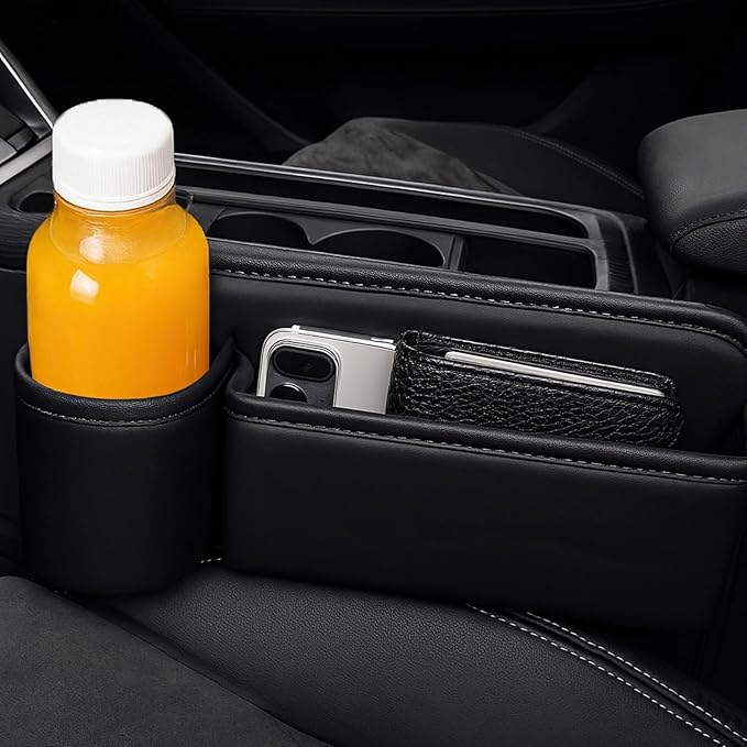 2 Pcs Car Seat Gap Filler Organizer, Leather Storage Box with Cup Holder, Cable Hole, Clutter Catcher for Cars, Black Seat Gap Storage Pockets for Driver and Passenger Seats