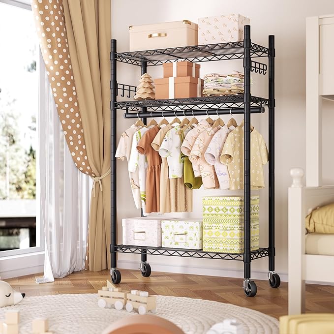 Heavy Duty Clothes Rack Rolling Garment Rack,3 Tier Adjustable Wire Shelving Clothing Racks for Hanging Clothes with Hanger R