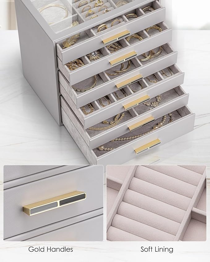 Vlando 6 Layer Jewelry Box for Women, Glass Lid Jewelry Organizer with 6 Drawers for Necklaces Rings Earrings Bracelets - Gre