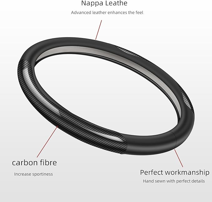 Nappa Leather car Steering Wheel Cover,Carbon Fiber Sports car Interior Non-Slip Ultrathin 15 inches Universal (Black)