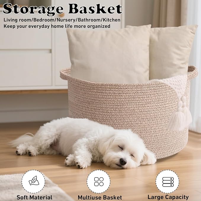 90L Large Blanket Basket,21.7"L x 21.7"W x 13.8"H Rope Woven Baskets with Handles,Brown Storage Bins,Laundry Basket Perfect f