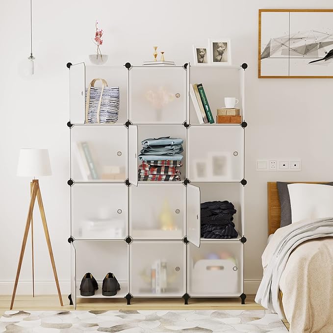 AWTATOS 12 Cube Storage Organizer with Doors, DIY Plastic Closet Shelf, Modular Bookshelf, Stackable Shelving Rack for Bedroo
