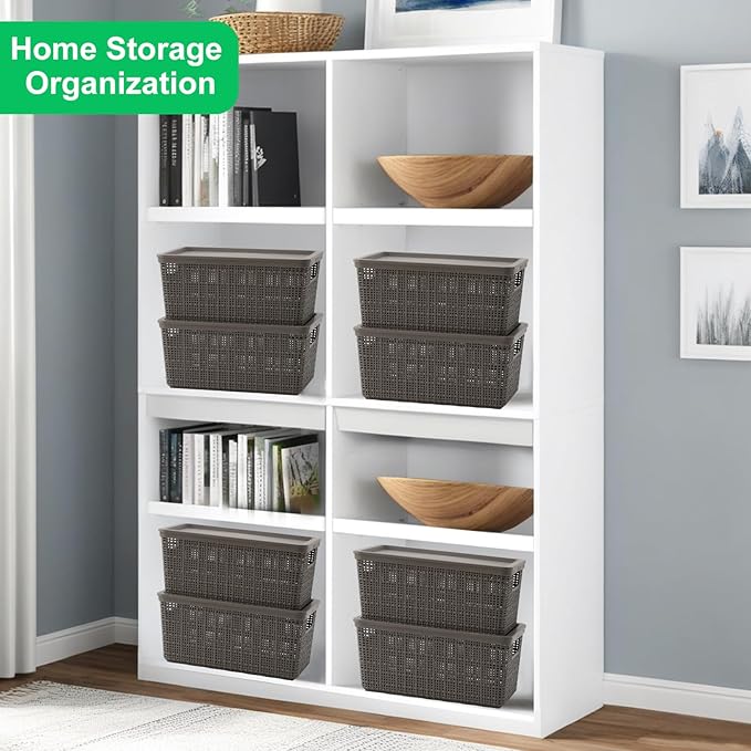 6 Pack Plastic Storage Baskets With Lids,Grey Breathable Stackable Storage Bins,Small Storage Containers,for Organizing Stora