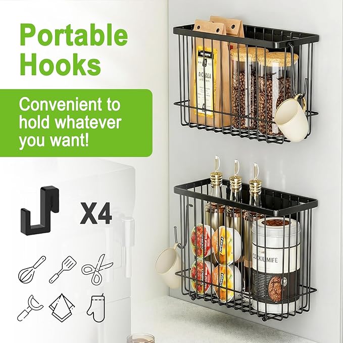 Funvalley Surperfect Magnetic Wire Mesh Storage Baskets, Black Steel Wall Mount Organizers, 2-Pack Large and Medium, Modern I