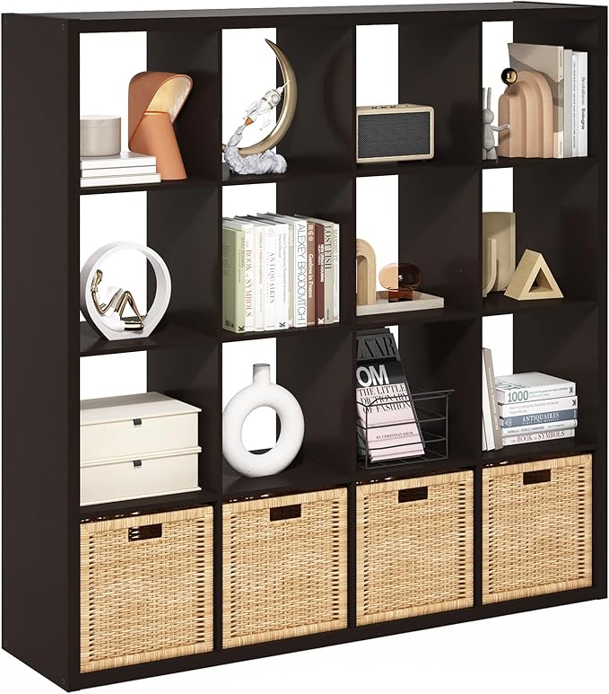 Furinno Cubicle Book Shelf, 16-Cube Bookshelf, Extra Thick Frame Reversible Bookcase with Open Back, 14.6" x 58" x 58", for L