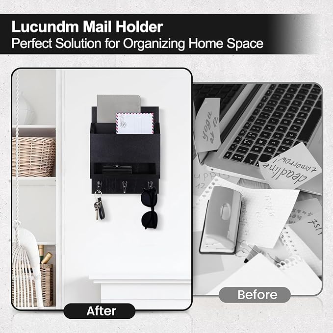 Key and Mail Holder for Wall, Key Holder with Chalkboard and Long Storage Box, Key Hanger with 3 Sturdy Hooks for Coat, Dog L
